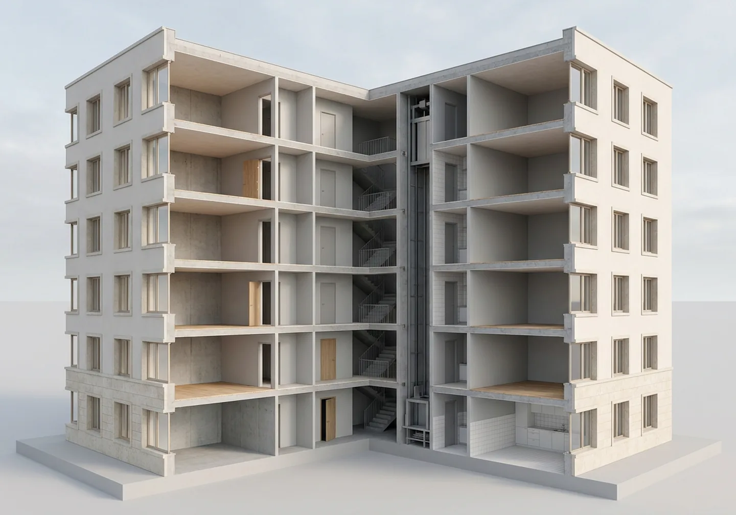 A single building cut open, showing floors, rooms, doors, windows and finishes.
