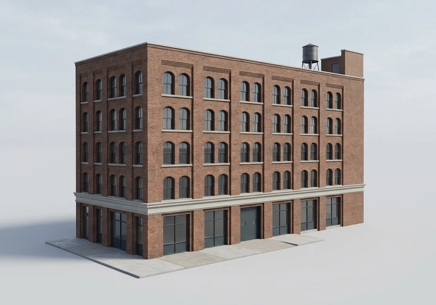 The same six-bay building rendered in three finishes.