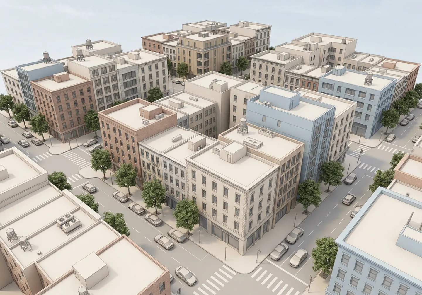 A generated 3D district seen from above, with streets, sidewalks and detailed facades.