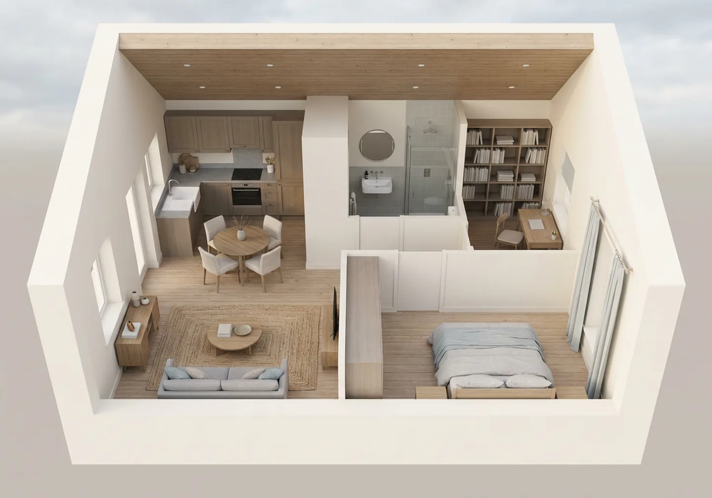 A furnished interior with a kitchen, a bedroom, a study and a living area.