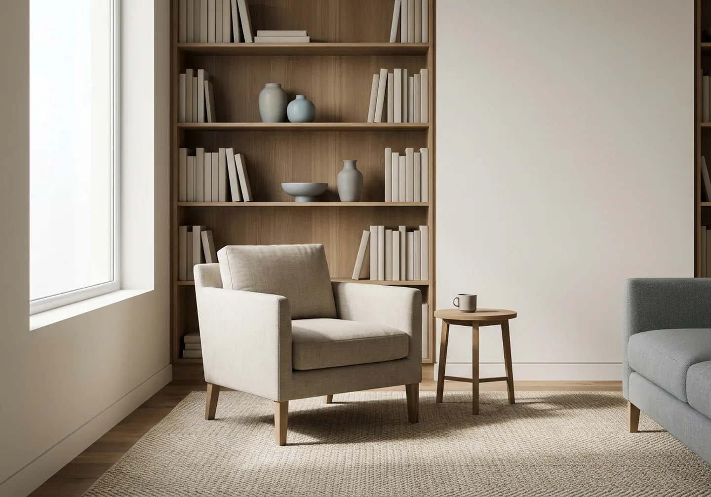 A living room with an armchair selected, next to its data card.